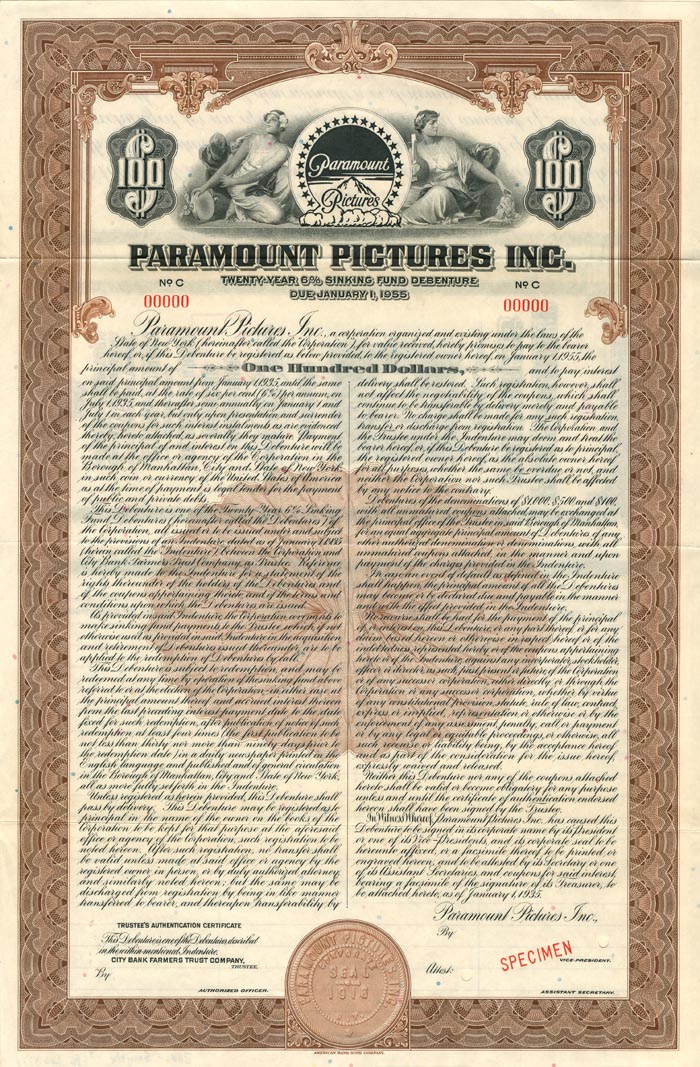 Paramount Pictures Inc. - Specimen Bond